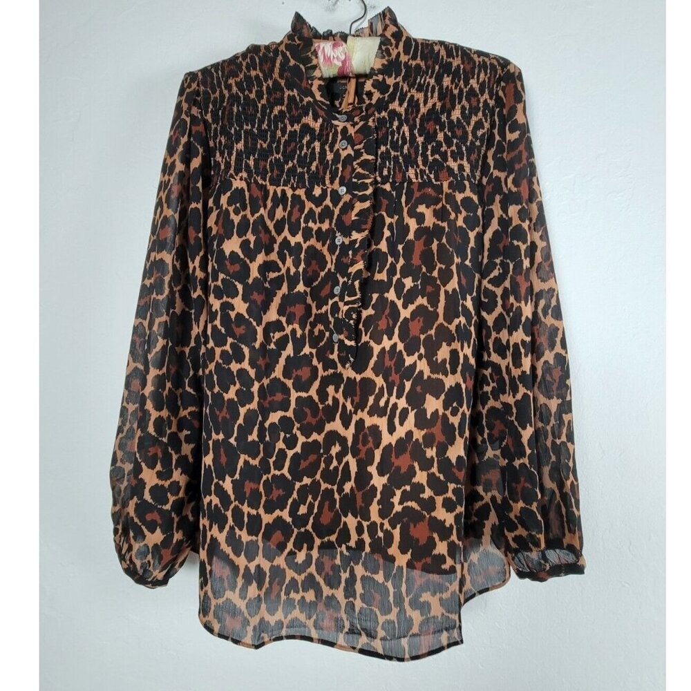 J. Crew Womens XL Brown Smocked Leopard Crinkle Chiffon Popover Top AS436 NWT